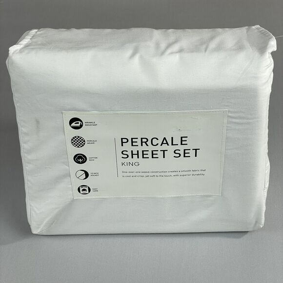 AQ Textiles Percale Solid 4-Pc. Sheet Set, King, White New In Original Package - Picture 9 of 9